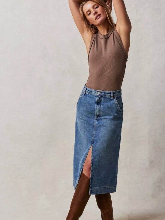Free People Dresses & Skirts - We The Free by Free People | Blue High Rise Denim Maxi Skirt Front Slit Size 12